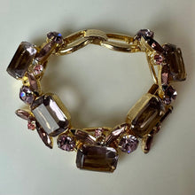 Load image into Gallery viewer, Vintage Goldtone Amethyst Rhinestone Cluster Link Bracelet &amp; Clip Earrings Set (7," 1")
