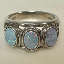 Load image into Gallery viewer, Sterling Blue Opal 3-Stone Ring sz 8
