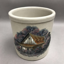 Load image into Gallery viewer, Vintage Hand Painted Stoneware Crock Rustic Barn Landscape Pat Delagrange (6")
