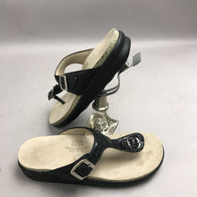 Load image into Gallery viewer, SAS-Marina Sandals-Black Leather-Thong T Strap-Chic Comfort-Cork Insole Size 7
