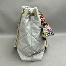 Load image into Gallery viewer, Steve Madden Light Gray Quilted Faux Leather Chain/Scarf Detail Purse (11x16x4")
