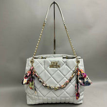 Load image into Gallery viewer, Steve Madden Light Gray Quilted Faux Leather Chain/Scarf Detail Purse (11x16x4")
