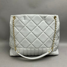 Load image into Gallery viewer, Steve Madden Light Gray Quilted Faux Leather Chain/Scarf Detail Purse (11x16x4")
