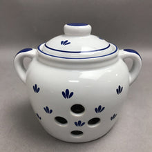 Load image into Gallery viewer, Norpro 5 Inch Ceramic Garlic Keeper Crock/Canister w/ lid Blue/Ivory
