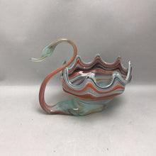 Load image into Gallery viewer, MCM Hand Blown Red Aqua Swirl Glass Swan Bowl (9x8x12")
