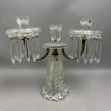 Load image into Gallery viewer, Pressed Glass Triple Arm Candelabra w/Hanging Prisms (12")
