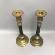 Load image into Gallery viewer, Vintage Mid-Century Brass Pillar Spindle Candlesticks Set (11")
