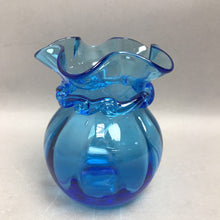 Load image into Gallery viewer, Blue Blown Glass Vase with Ruffle Top (5")
