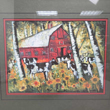 Load image into Gallery viewer, Framed Farmyard Barn &amp; Cow Scene, T. White (15.5x18.25)
