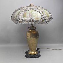 Load image into Gallery viewer, Antique Stained Glass Panel Table Lamp w/ Cast Metal Shade &amp; Brass Urn Base (24")
