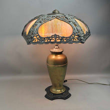 Load image into Gallery viewer, Antique Stained Glass Panel Table Lamp w/ Cast Metal Shade &amp; Brass Urn Base (24")

