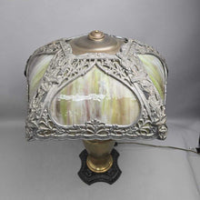 Load image into Gallery viewer, Antique Stained Glass Panel Table Lamp w/ Cast Metal Shade &amp; Brass Urn Base (24")
