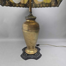 Load image into Gallery viewer, Antique Stained Glass Panel Table Lamp w/ Cast Metal Shade &amp; Brass Urn Base (24")
