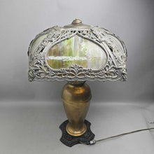 Load image into Gallery viewer, Antique Stained Glass Panel Table Lamp w/ Cast Metal Shade &amp; Brass Urn Base (24")
