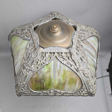 Load image into Gallery viewer, Antique Stained Glass Panel Table Lamp w/ Cast Metal Shade &amp; Brass Urn Base (24")
