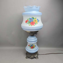 Load image into Gallery viewer, Vintage L&amp;L WMC GWTW-Style Blue Milk Glass Floral Parlor Lamp (25")

