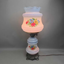 Load image into Gallery viewer, Vintage L&amp;L WMC GWTW-Style Blue Milk Glass Floral Parlor Lamp (25")
