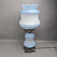 Load image into Gallery viewer, Vintage L&amp;L WMC GWTW-Style Blue Milk Glass Floral Parlor Lamp (25")
