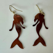 Load image into Gallery viewer, Flame-Painted Copper Mermaid Silhouette Earrings (2")
