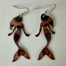 Load image into Gallery viewer, Flame-Painted Copper Mermaid Silhouette Earrings (2")
