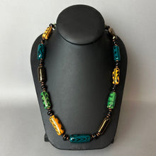 Load image into Gallery viewer, Vintage Green Yellow Bronze Handpainted Ceramic Beaded Necklace (31")
