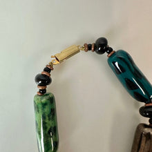Load image into Gallery viewer, Vintage Green Yellow Bronze Handpainted Ceramic Beaded Necklace (31")
