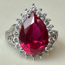 Load image into Gallery viewer, Sterling Teardrop Lab-Created Ruby Halo Ring sz 8
