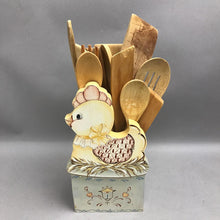 Load image into Gallery viewer, Vintage Wooden Chicken Utensil Holder with Wood Utensils (10x6x4)

