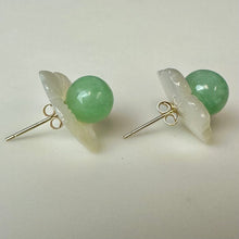 Load image into Gallery viewer, 14K Gold Jade Sphere Stud Earrings w/ Removable MOP Flower Enhancers (3.6g)
