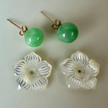 Load image into Gallery viewer, 14K Gold Jade Sphere Stud Earrings w/ Removable MOP Flower Enhancers (3.6g)
