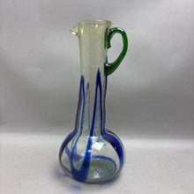 Load image into Gallery viewer, Vintage Handblown Art Glass Pitcher Blue Vertical Thread Green Handle (12")
