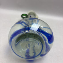 Load image into Gallery viewer, Vintage Handblown Art Glass Pitcher Blue Vertical Thread Green Handle (12")
