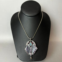 Load image into Gallery viewer, Sterling Carved Flourite Topaz Garnet Butterfly Pendant Brooch on 23" Chain Necklace
