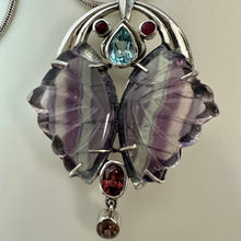 Load image into Gallery viewer, Sterling Carved Flourite Topaz Garnet Butterfly Pendant Brooch on 23" Chain Necklace
