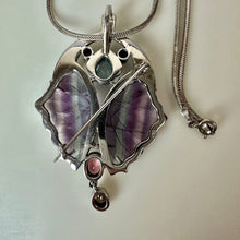 Load image into Gallery viewer, Sterling Carved Flourite Topaz Garnet Butterfly Pendant Brooch on 23" Chain Necklace
