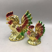 Load image into Gallery viewer, Vintage Pair of Japanese Gold Metallic Red Green Ceramic Rooster Figurine (5")
