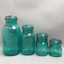Load image into Gallery viewer, Ball Ideal Canister Set Of 4 Bicentennial Teal Jars Wire Bail Seal W/Glass Lids (10")
