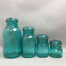 Load image into Gallery viewer, Ball Ideal Canister Set Of 4 Bicentennial Teal Jars Wire Bail Seal W/Glass Lids (10")
