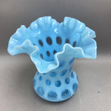 Load image into Gallery viewer, Fenton Blue Opalescent 'Coin Dot' Ruffled Vase (6.25")
