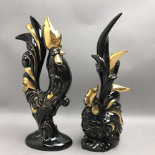 Load image into Gallery viewer, Vintage MCM Black &amp; Gold Ceramic Rooster Figurines (12")
