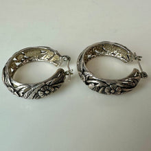 Load image into Gallery viewer, Vintage Jezlaine Sterling Floral Repousse Cutout Hoop Earrings (1")
