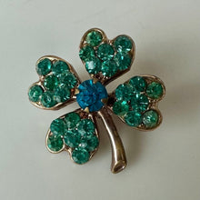 Load image into Gallery viewer, Vintage Teal Rhinestone Clover Brooch Pin (1")
