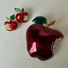 Load image into Gallery viewer, Vintage Goldtone Rhinestone Enamel Apple Brooch Pin &amp; Earrings Set (1.75, 0.5")
