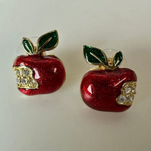Load image into Gallery viewer, Vintage Goldtone Rhinestone Enamel Apple Brooch Pin &amp; Earrings Set (1.75, 0.5")
