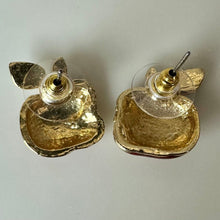 Load image into Gallery viewer, Vintage Goldtone Rhinestone Enamel Apple Brooch Pin &amp; Earrings Set (1.75, 0.5")
