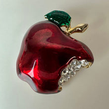 Load image into Gallery viewer, Vintage Goldtone Rhinestone Enamel Apple Brooch Pin &amp; Earrings Set (1.75, 0.5")
