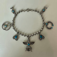Load image into Gallery viewer, Vintage Silvertone Faux Turquoise Native American Themed Charm Bracelet (7.5")

