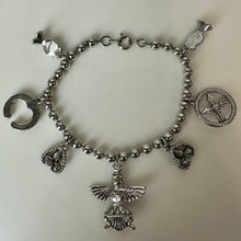 Load image into Gallery viewer, Vintage Silvertone Faux Turquoise Native American Themed Charm Bracelet (7.5")
