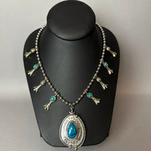 Load image into Gallery viewer, Vintage ART Silvertone Faux Turquoise Squash Blossom Necklace (24")
