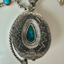 Load image into Gallery viewer, Vintage ART Silvertone Faux Turquoise Squash Blossom Necklace (24")
